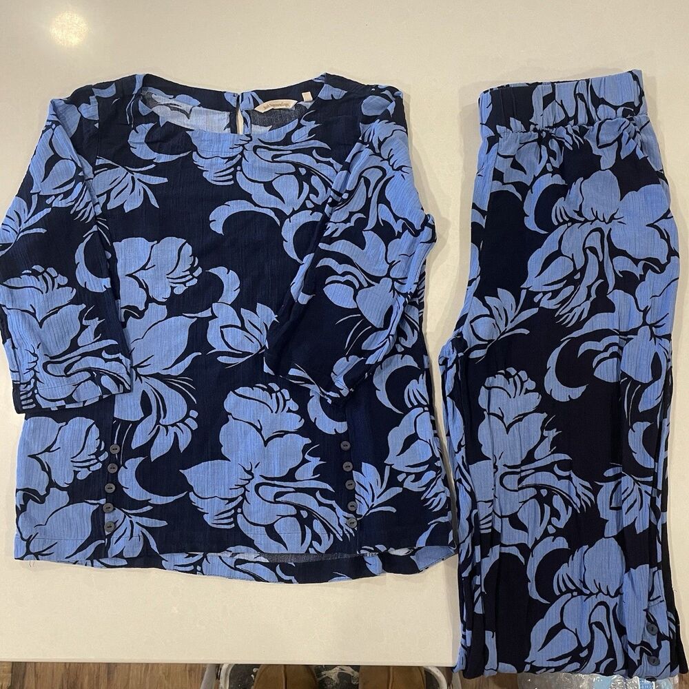 Soft Surroundings Tropical Blue Oceo Gauze Tunic Top (M) Wide Leg Pants (L)